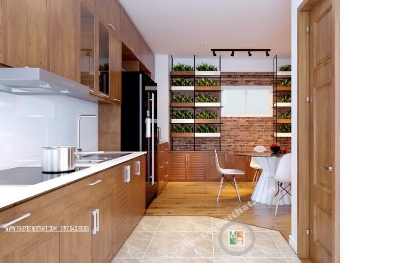 Mẫu thiết kế nội thất phòng bếp chung cư cao cấp tiện nghi với đồ nội thất gỗ hiện đại cao cấp và tận dụng tối đa ánh sáng tự nhiên Thiết kế nhà bếp tiện nghi