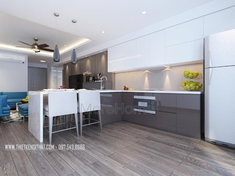 Nội thất phòng bếp hiện đại được thiết kế liền kề với không gian phòng khách giúp cho gia chủ có một không gian dùng bữa thuận tiện và ấm cúng hơn Thiết kế nhà bếp tiện nghi