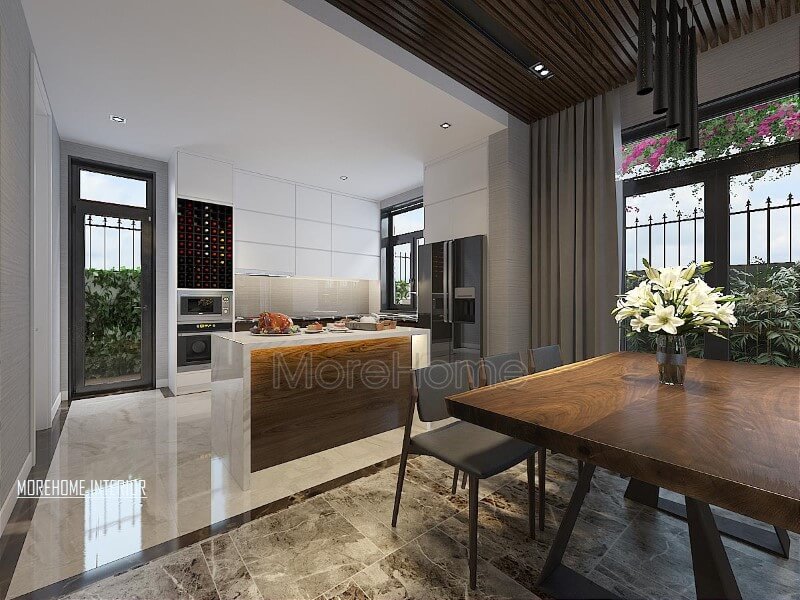 Thiết kế phòng bếp biệt thự hiện đại với thiết kế theo cách hướng tới tự nhiên với ánh sáng được tận dụng một cách tối đa trong mọi góc cạnh ngôi nhà. Thiết kế nhà bếp tiện nghi