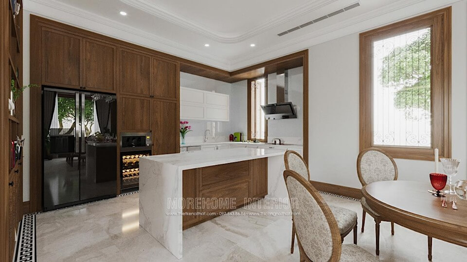 Thiết kế nội thất phòng bếp đẹp với chất liệu gỗ tự nhiên, đá ốp bàn bếp, tủ rượu,... Thiết kế phòng bếp, tủ bếp đẹp