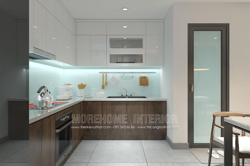 Tủ bếp hiện đại gỗ công nghiệp với sự kết hợp hài hòa của 2 gam màu nâu trầm và trắng tinh tế mang lại sự cuốn hút khó có thể rời mắt Thiết kế phòng bếp, tủ bếp đẹp
