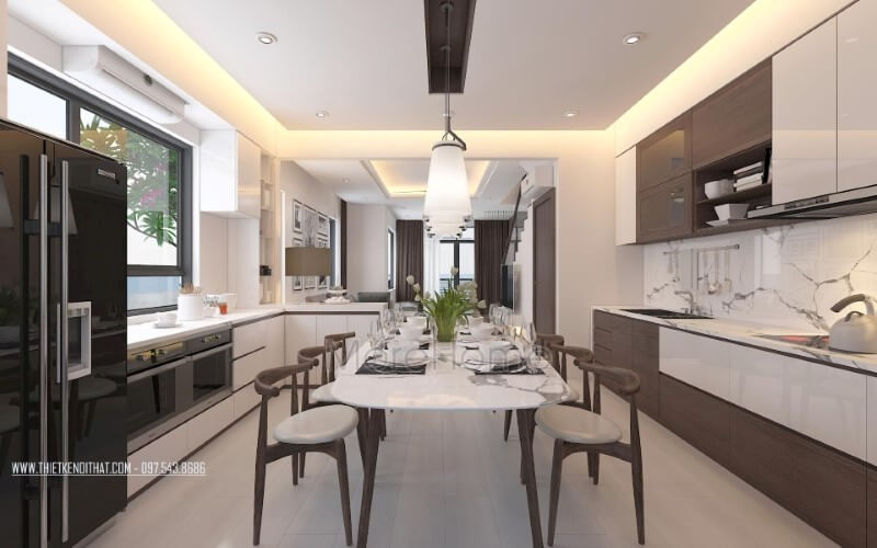 Phòng bếp hiện đại độc đáo với nội thất gỗ óc chó chủ điểm nhấn. Thiết kế phòng bếp, tủ bếp đẹp