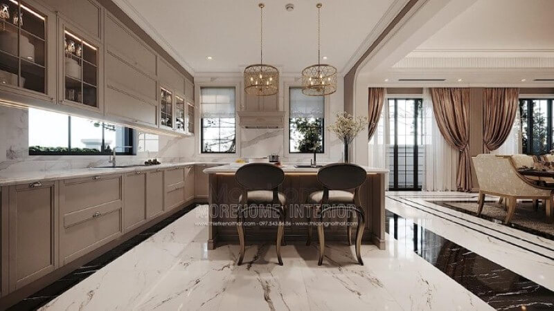 Đá ốp bếp vân mây đẹp, sang trọng cho tủ bếp biệt thự, nhà phố. Mẫu nội thất biệt thự đẹp
