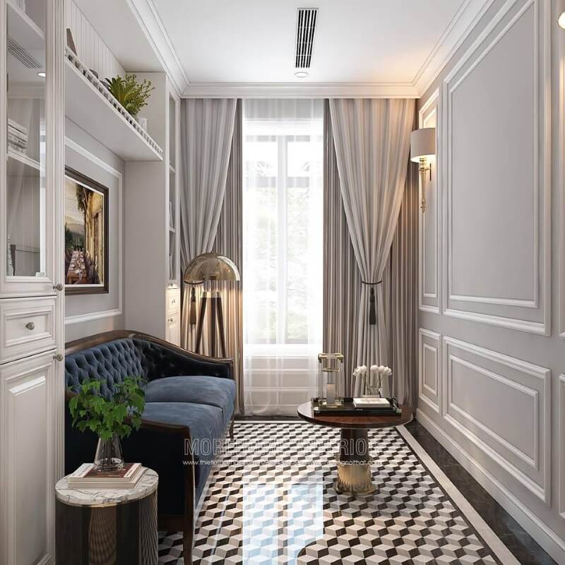 Gạch lát nền giả cổ tạo nét đẹp độc đáo sang trọng cho phòng đọc sách tân cổ điển. thiết kế nội thất chung cư