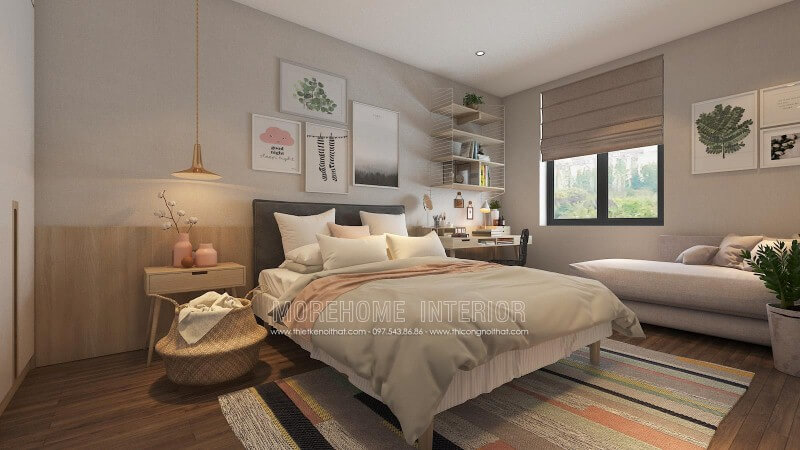 Gạch giả gỗ ốp tường cùng cách sắp xếp hiện đại, độc đáo đã tạo nên phòng ngủ trẻ trung, sinh động. thiết kế nội thất chung cư