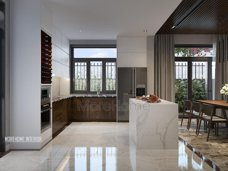 Thiết kế nội thất phòng bếp hiện đại, đẹp, thông thoáng nhưng độc lập phòng ăn bởi cách bố trí khéo léo từ bàn đảo bếp. Gợi ý các mẫu thiết kế phòng bếp đẹp, hiện đại
