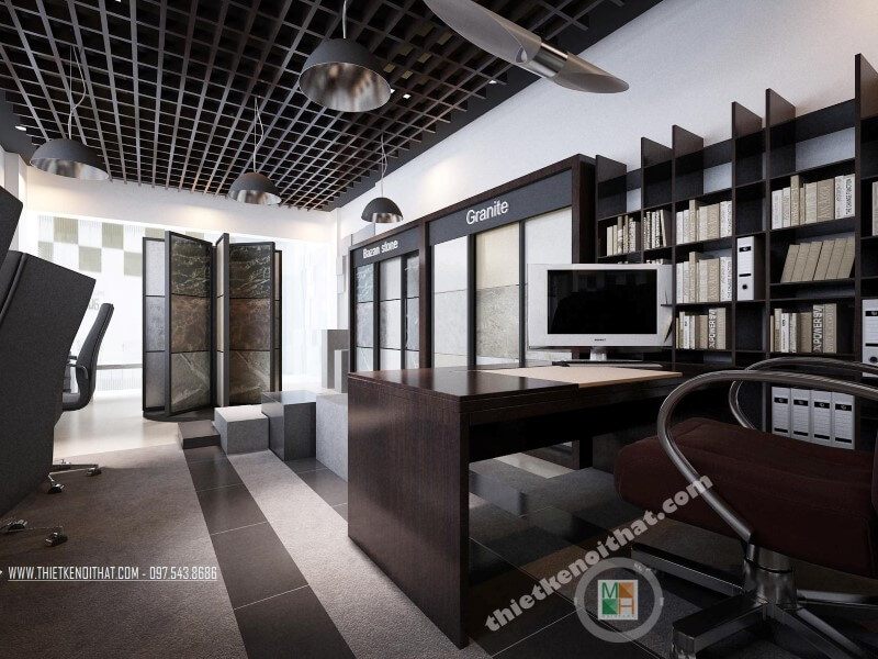 Đồ nội thất văn phòng showroom hiện đại sử dụng gỗ công nghiệp An Cường đẹp: bàn làm việc, kệ sách ốp tường, tủ kệ trưng bày sản phẩm,...