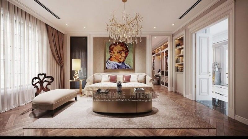 Tranh in canvas treo tường chân dung họa sĩ Van Gogh nổi tiếng tạo điểm nhấn ấn tượng cho phòng giải trí trong phòng ngủ.