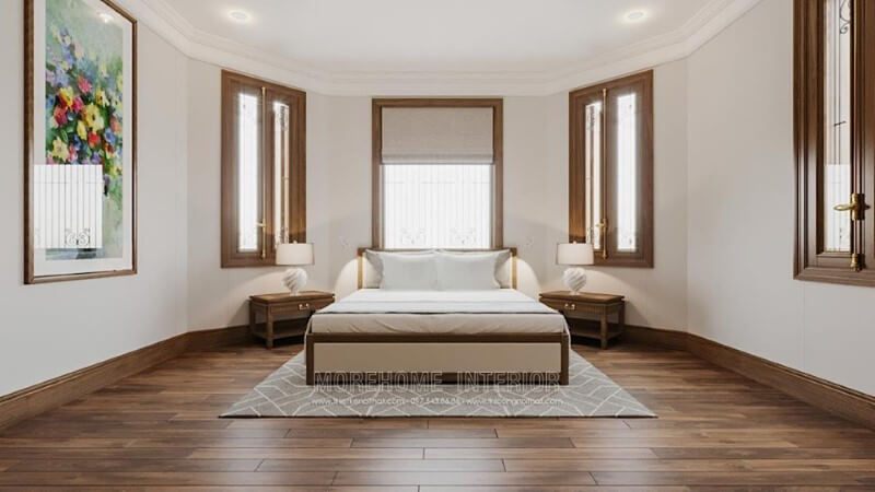 Lựa chọn gỗ ốp sàn cùng tông màu với nội thất tạo nên sự thống nhất về màu sắc cho không gian hài hòa tạo giấc ngủ ê ái, thoải mái hơn