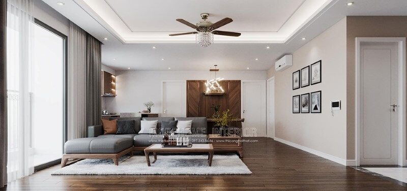Thiết kế phòng khách chung cư Imperia Sky Garden phong cách hiện đại sang trọng với mẫu sofa gỗ óc chó cao cấp
