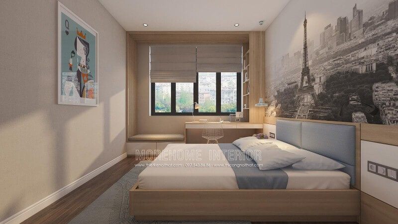 Sắp xếp nội thất phòng ngủ với ý tưởng tập trung vào công năng từ góc làm việc, học tập và giảm thiểu tối đa chi tiết không hữu hiệu như tivi và thay vào đó là tranh treo tường in canvas nghệ thuật đẹp mắt.
