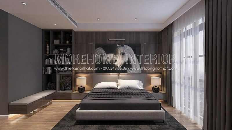 Trang trí nội thất giường ngủ nhà phố hiện đại, đơn giản, phần chân giường được thiết kế thanh mảnh với chất liệu kim loại phun sơn cách điện tạo sự vững chãi hơn