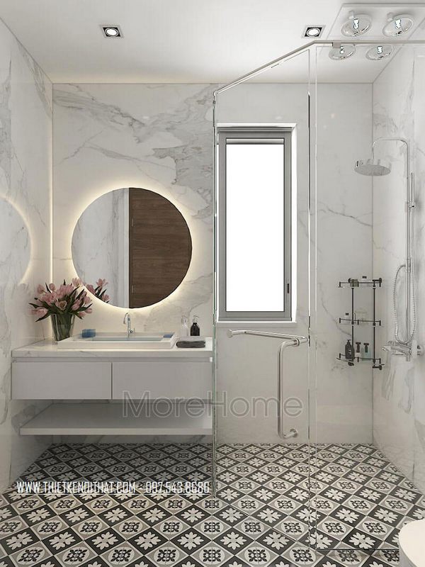 Tủ kệ lavabo kết hợp gương tròn tạo ấn tượng cho không gian phòng tắm