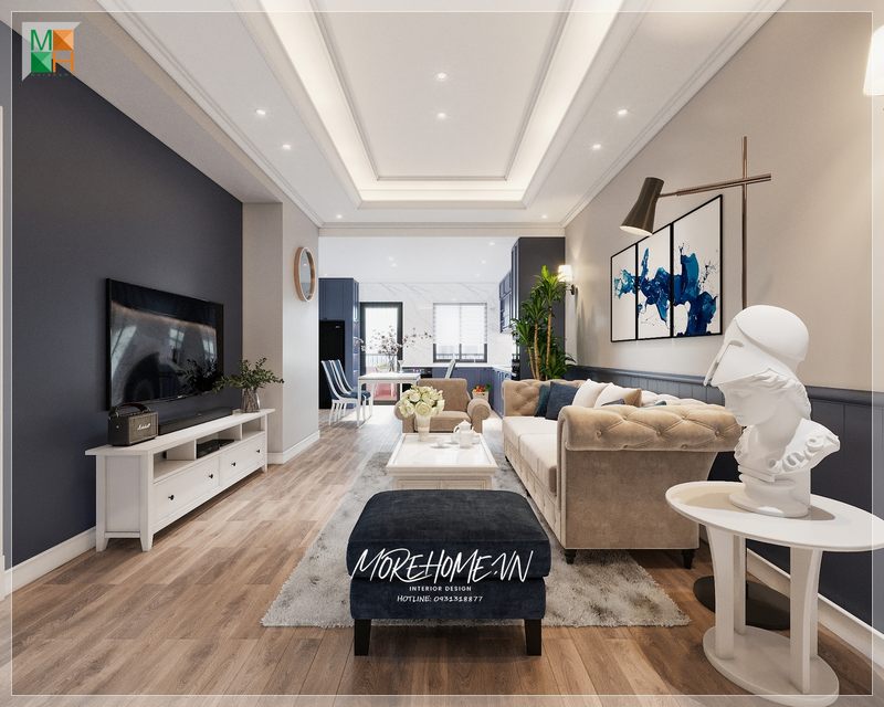 Không gian phòng khách liền bếp chung cư được thiết kế có chiều sâu tạo cảm giác cuốn hút mọi góc nhìn
