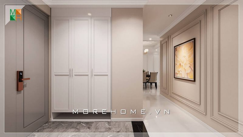 Mẫu thiết kế tủ quần áo màu trắng tân cổ điển rất tinh tế. Lối thiết kế kịch trần âm tường phù hợp cho không gian nội thất căn hộ chung cư, nhà phố, biệt thự,...