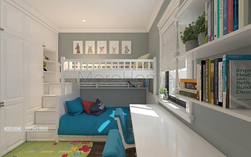 Kiến trúc sư đã chọn phong cách hiện đại làm chủ đại trong thiết kế nội thất phòng ngủ con, bỏ bớt những họa tiết hoa văn cầu kỳ và thay thế bằng những đường nét hình khối cơ bản để tạo ra không gian thoáng hơn.