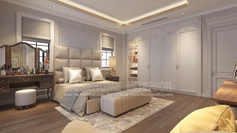 Giường ngủ gỗ tự nhiên bọc da toàn bộ, để tăng thuận tiện cho gia chủ, phía cuối giường được bố trí thêm một chiếc đôn sofa có chất liệu tương tự.