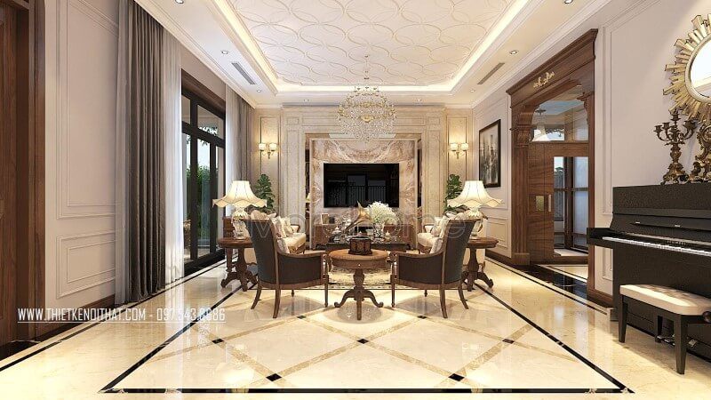 Để tạo nên sự sang trọng cho phòng khách biệt thự, bộ bàn ghế đơn sofa gỗ óc chó được sử dụng để trang trí.