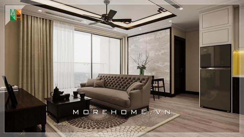 .
Tạo ra một không gian trang nhã, sang trọng cho căn hộ cao cấp bằng cách kết hợp nội thất tân cổ điển với nội thất gỗ tự nhiên trong thiết kế phòng khách.