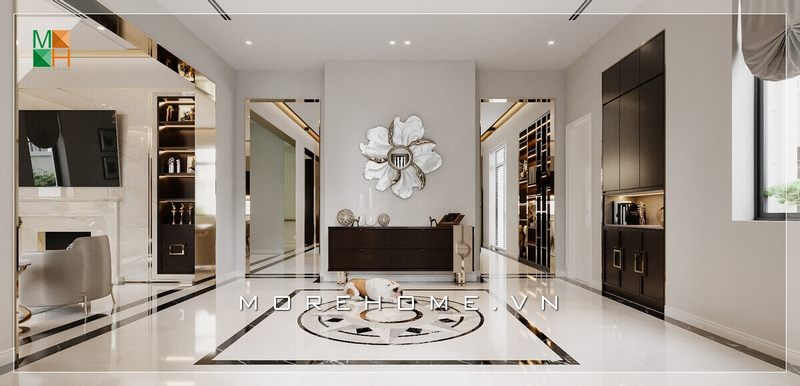 .
KTS Morehome đã thiết kế một tủ để đồ bằng gỗ công nghiệp cao cấp ở khu vực ra vào, để khách đến chơi có chỗ để lưu trữ giày dép và giúp khu vực này luôn được gọn gàng và có nắp đậy.
