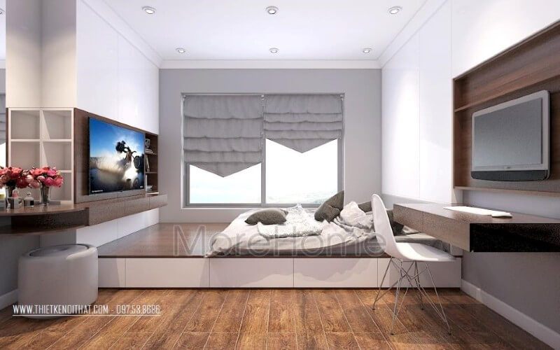 .
Kệ ti vi treo tường hiện đại âm tường màu trắng với các khoảng không gian ở giữa được sử dụng để tận dụng làm giá để sách hay để ti vi, giúp tiết kiệm diện tích và nới rộng không gian phòng.